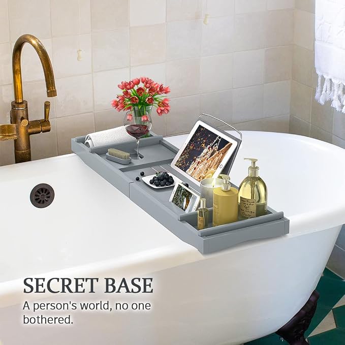 Bath Caddy Tray for Bathtub - Bamboo Adjustable Organizer Tray for Bathroom with Soap Dish Suitable for Luxury Spa or Reading(Bluish Grey)