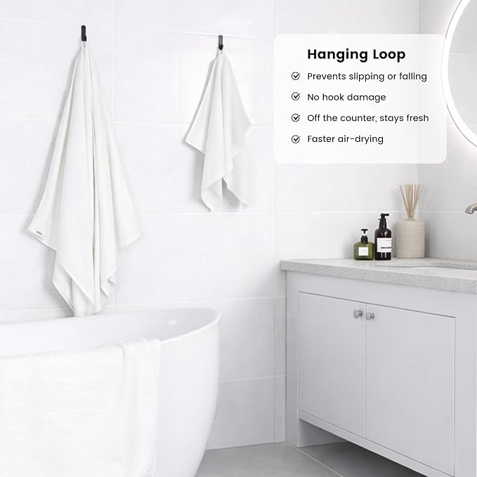 12-Piece Cotton Bath Towel Set with Hanging Loops for Bathroom, White | Balanced towel set for family showers, sink-side use, guest baths, and wash-day rotation, OEKO-TEX certified, easy care