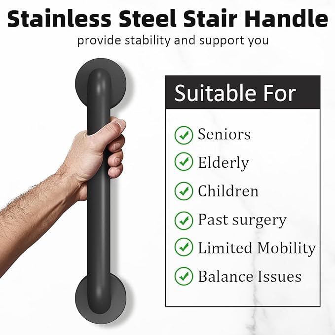 Metal Industrial Stairs Grab Wall Handrail Staircase Steps Indoor Exterior Outdoor Deck Hand Rail Safety Grab Bar (Matte Black) Handle for Stairs Bars Wall Elderly Grab Frame Pipe (12 Inch 1 Pack)