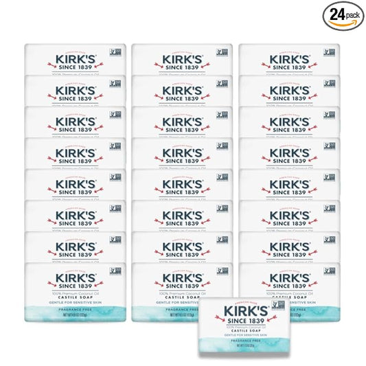 Kirk's Castile Bar Soap, Fragrance Free - Clinically Tested, Safe for Sensitive Skin with Coconut Oil, Vegan and Non-GMO - 4 oz Bars, 24 Pack and Fragrance Free Travel Bar