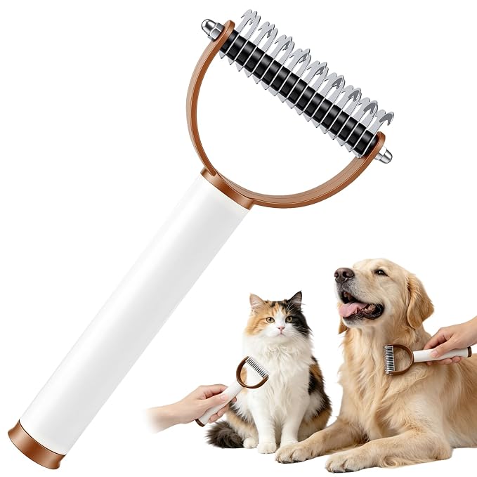 2-In-1 Double Sided Dematting Comb for Cats & Dogs, Multi-Functional Pet Detangling Comb, Double Sided Lint Remover Comb with Lint Roller, Suitable for Both Long and Short Haired Pets (Brown)