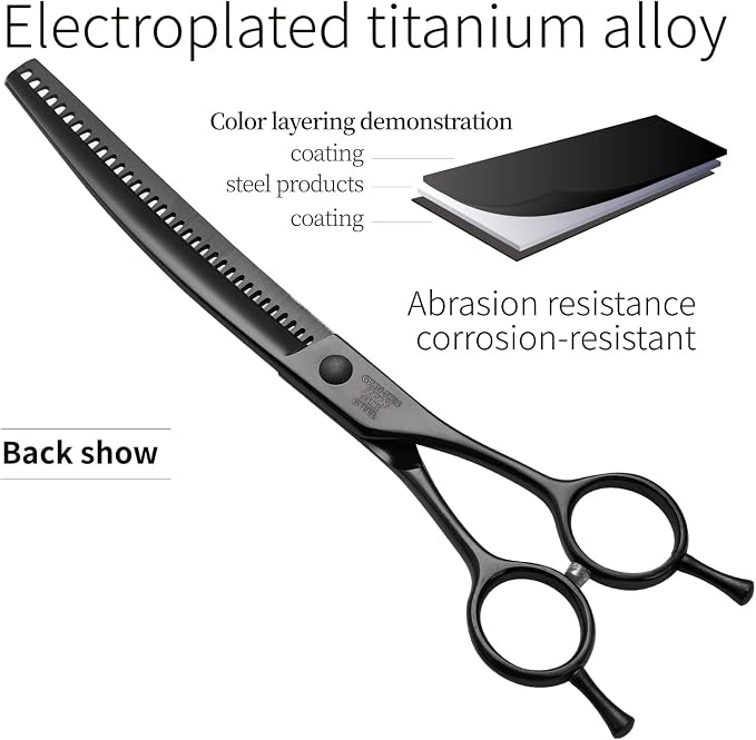 Professional Dog Grooming Scissors Pet Curved Chunker Shears 7.0'' Extremely Sharp Blades 440C Steel Thinning Scissors Durable Smooth Motion & Fine Cut for Dogs and Cats(Black)