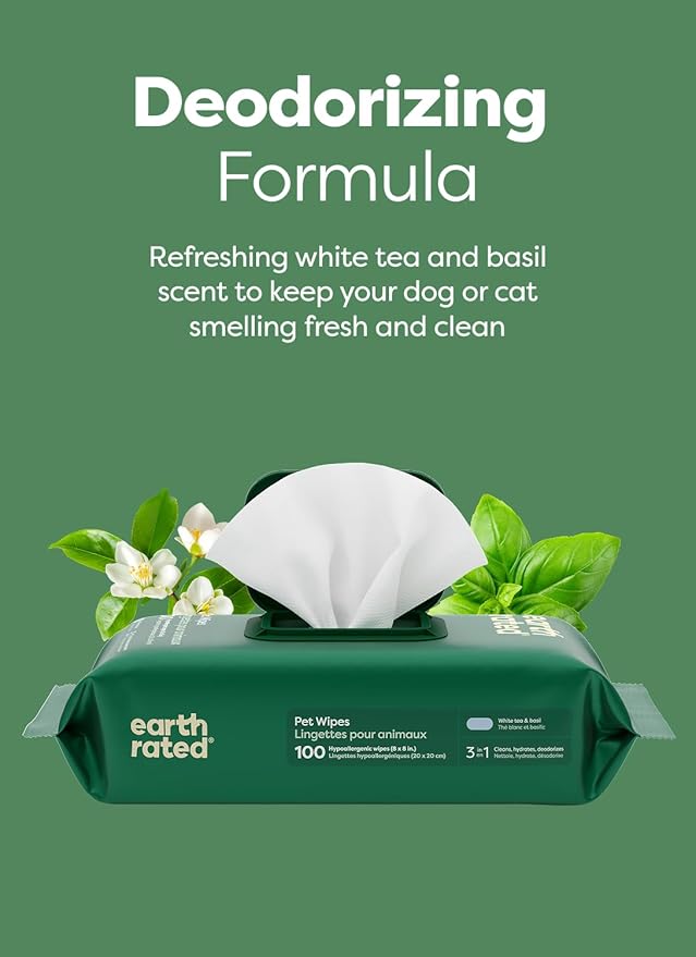 earth rated Pet Wipes for Dogs and Cats, Hypoallergenic, 3-in-1 Cleaning, Deodorizing and Hydrating, for Grooming Paws, Body and Butt, New White Tea and Basil Scent, 400 Count