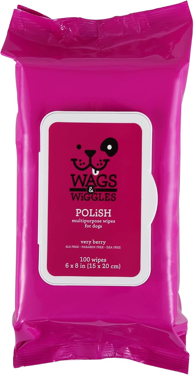Wags and Wiggles Polish Multipurpose Wipes for Dogs, Very Berry Scent - Scented Wipes that Clean and Condition Your Dog’s Coat Between Baths, Gentle Formula, 100 Count