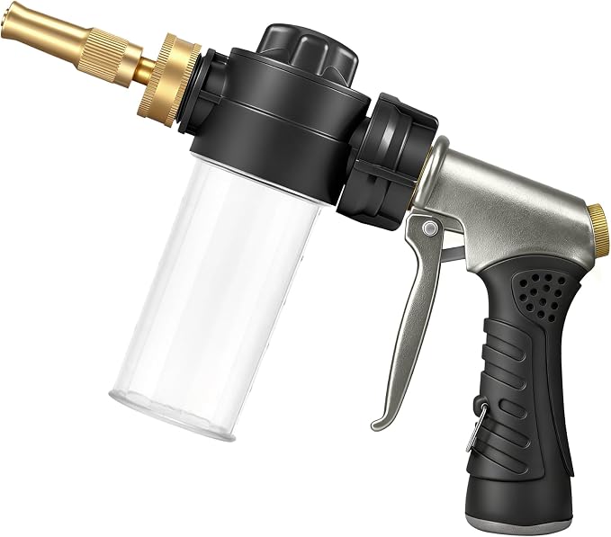 Garden Hose Nozzle with Soap Dispenser, High Pressure Water Nozzle with Adjustable Spray Patterns for Watering Plants, Car Washing, and Pet Showering (Foam Gun A)