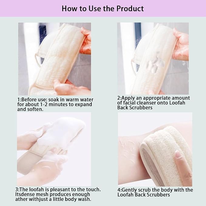 Extra-Long Natural Loofah Back Scrubber,1 Pack | Exfoliator，Biodegradable，back scrubber for shower ,Exfoliating Bath Strap， with Cotton Handles, Shower Body for Men Women