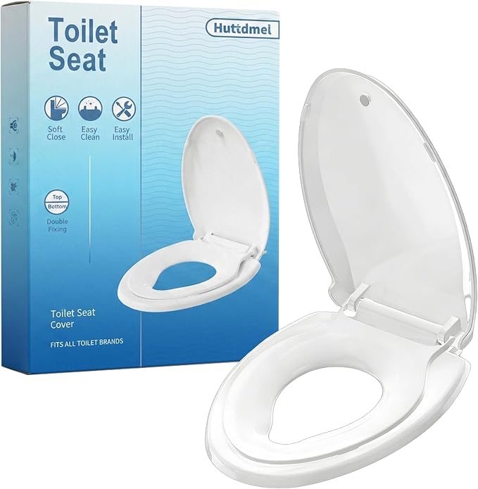 Huttdmel Elongated Toilet Seat with Toddler Seat Built In,2 in 1 Adult & Child, Soft Close, Magnetic Child Seat,Top & Bottom Mount,Never Loosen Hinges, Fits Standard Elongated Toilets 18.5'', White