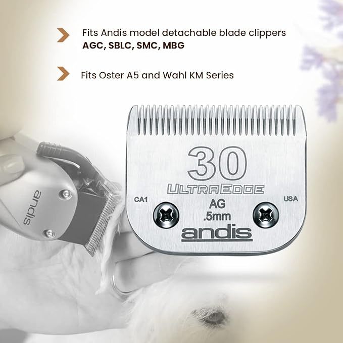 Andis 64075 Ultra Edge Dog Clipper Blade - Constructed of Carbonized Steel, Exclusive Hardening Process with Long-Lasting Sharp Edges, 1/50-Inch Cut Length - for Larger Animals, Size-30, Chrome