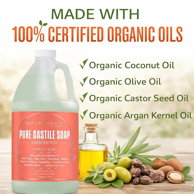 Organic Castile Soap Liquid Unscented 64 oz - Baby Body Hand Wash Shampoo | NaturSense plant-based liquid soap for baby, body, hands, hair, dishes, pets, home - organic oils, sulfate & paraben free