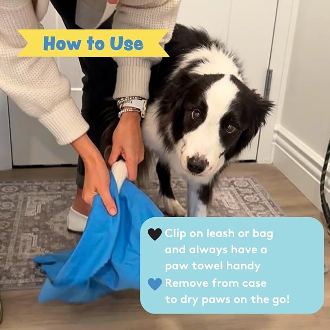 Portable Dog Paw Towel, Lightweight & Super Absorbent Microfiber, Clips onto Leash, Quick Drying Towel for Dogs Paws with Silicone Case, Dry Dog’s Paws on The Go - Small - Newport Navy