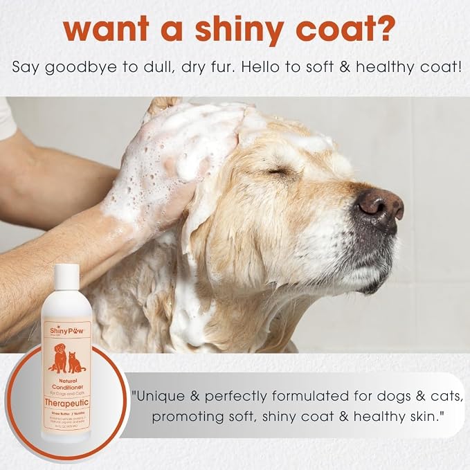 Dog Conditioner for Allergies and Itching | Shiny Paw Shea Butter & Vanilla Conditioner for Dogs & Cats | Dog Matted Hair Detangler | Made in THE USA | 16 oz