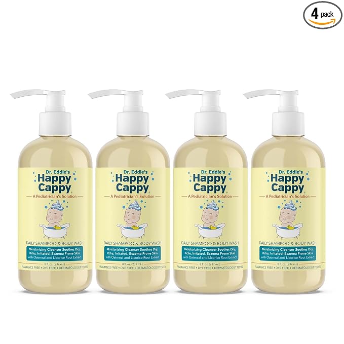 Happy Cappy Baby Shampoo and Body Wash - Eczema Body Wash for Kids & Toddlers, Helps with Dryness, Reduces Itching and Redness, Dermatologist Tested, Fragrance Free - 8 Fl Oz (Pack of 4)