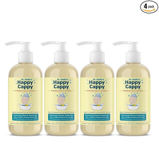 Happy Cappy Baby Shampoo and Body Wash - Eczema Body Wash for Kids & Toddlers, Helps with Dryness, Reduces Itching and Redness, Dermatologist Tested, Fragrance Free - 8 Fl Oz (Pack of 4)