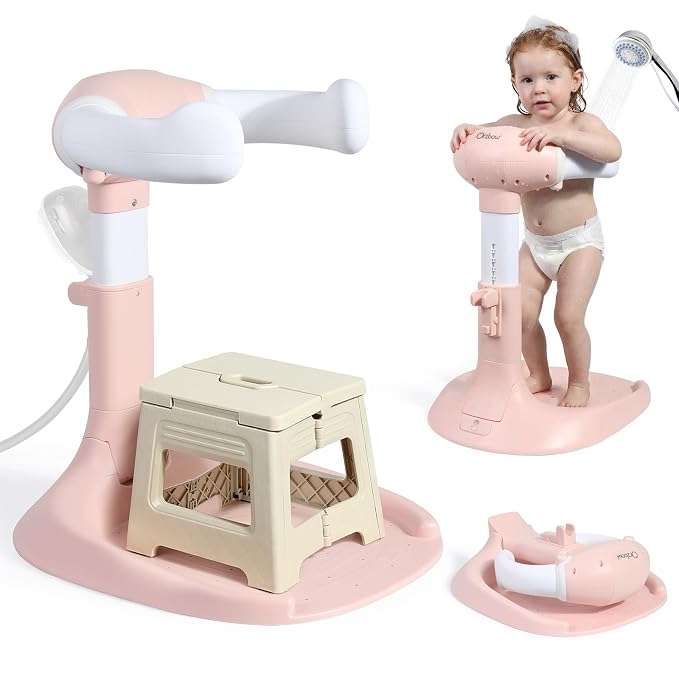 Orzbow Baby Shower Stand, Collapsible Baby Bath Stand with Foldable Chair, Adjustable Height Toddler Shower Standing Support for Infant 6-36 Months, Anti-Slip Base, Easy-Use, Pink