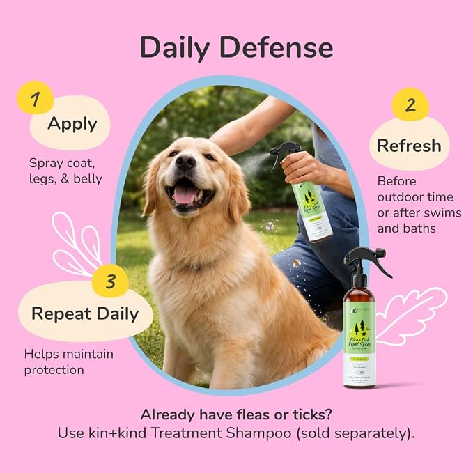 kin+kind Natural Flea and Tick Prevention for Dogs & Cats, Non-Greasy Coat Spray, Lemongrass, Vet-Formulated, 12 fl oz