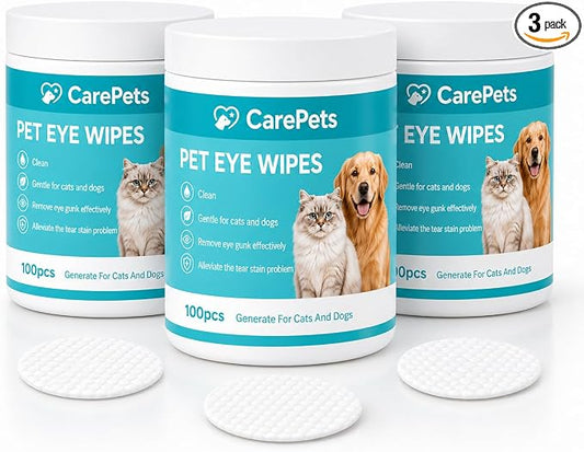 Eye Wipes, 100 Count Pet Tear Stain Cleaning Pads for Dogs and Cats, Gentle Textured Eye Area Wipes with Aloe Vera and Chamomile, Fragrance Free (3) | Gentle Textured Eye Wipes