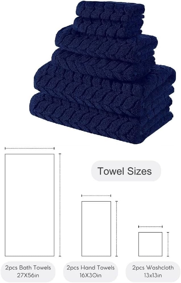 BAGNO MILANO Turkish Cotton Bath Towels, Hand Towels - Soft Plush Jacquard Collection Luxury Towels Set (Navy, Towel Set of 6)