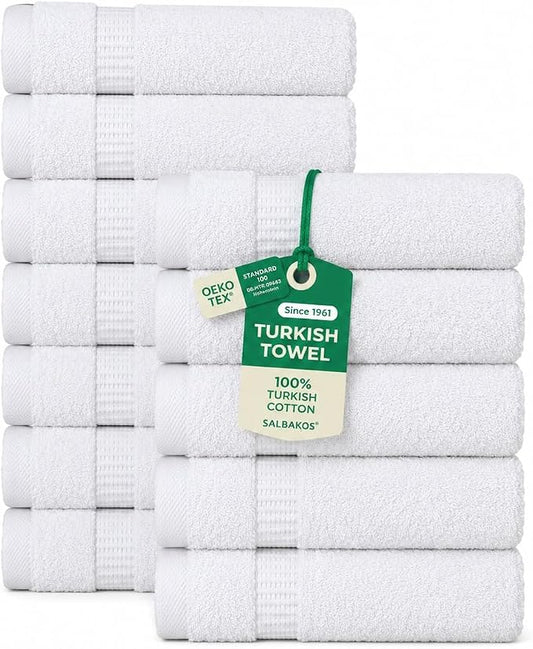SALBAKOS 12-Piece 100% Turkish Cotton Wash Cloths for Bathroom & Face - Soft 13x13 in Small Towels for Body & Kitchen - Thick, Absorbent Multi-Use Oeko-TEX Certified Washcloths (White, 12 Washcloths)