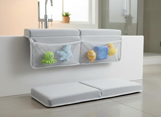 NEW Luxury Bath Kneeling Pad and Elbow Rest Set - THICK SOFT Bath Kneeler Pad and Bath Toys Organizer with Pockets - Supports Knees and Elbows - Bath Kneeling Pad for Baby Bathtime - Light Grey