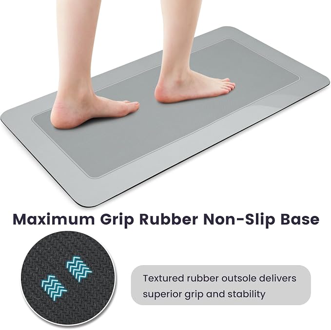 ArtyCozy Super Absorbent Stain Resistant Soft Bath Mat 2 Piece, Easy Care Non-Slip Thin Bathroom Rug with Rubber Backed, Grey, 17" × 35" Plus 17" × 35"