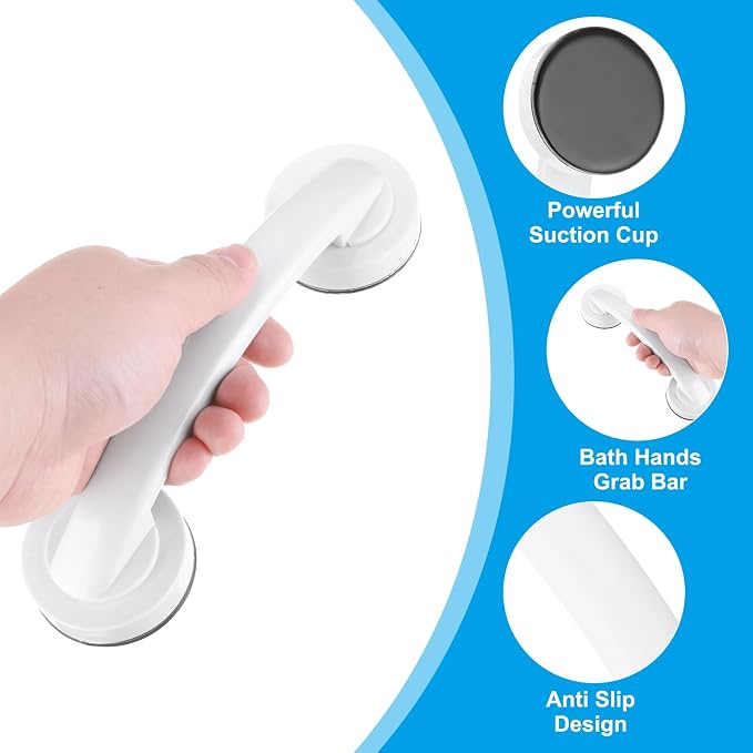 uxcell Grab Bars for Bathtubs and Showers, 9.1" Mirror Glass Door and Window Handles Powerful Shower Suction Cup Anti-Slip Safety Bars for Senior Shower Chairs White