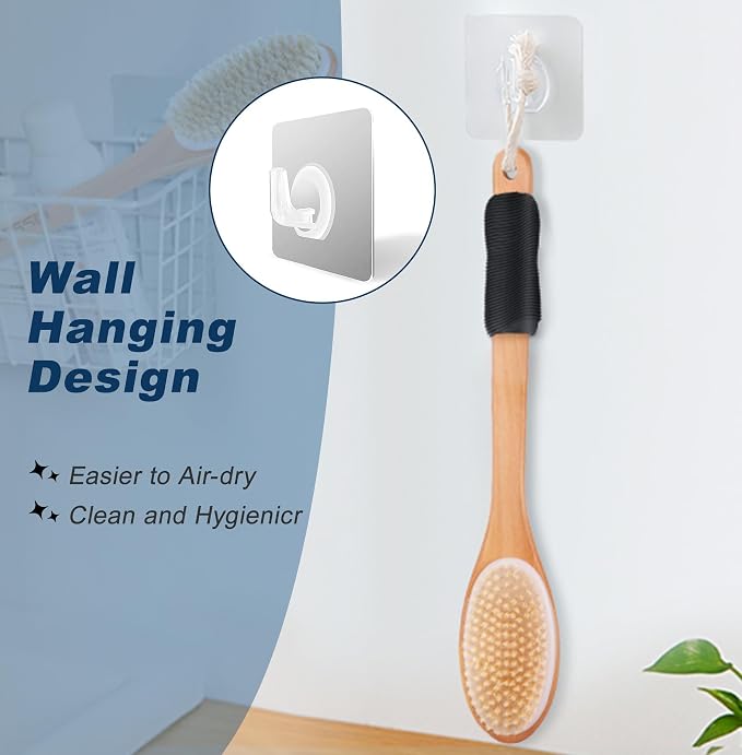 Long Handle Ergonomically Back Scrubber/Brush for Shower, Double Sided Exfoliating Body Scrubber for Women and Men (Blue) (Black (2-Pack))