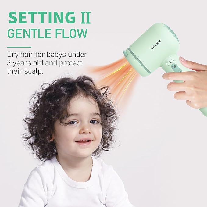 YALICE Cordless Hair Dryer for Baby and Kids, Portable Travel Blow Dryer with Gentle Airflow & Low Heat Ionic Care for Infant, 3 Speed Settings, Mini Rechargeable Hair Dryer with Charging Base (Green)