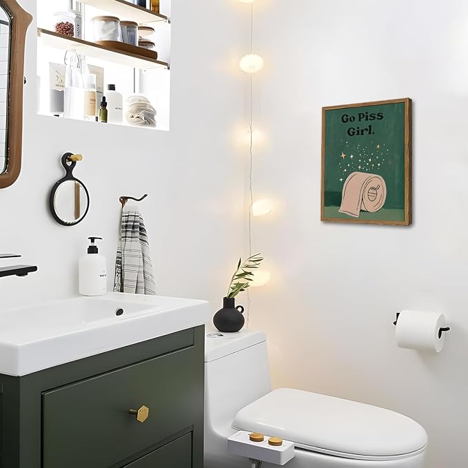 Funny Girl Bathroom Wall Art Go Piss Girl Toilet Paper Sign Wall Decor Picture Trendy Retro Moody Green Quote Restroom Poster Canvas Painting Prints 12x16 inch Wood Framed