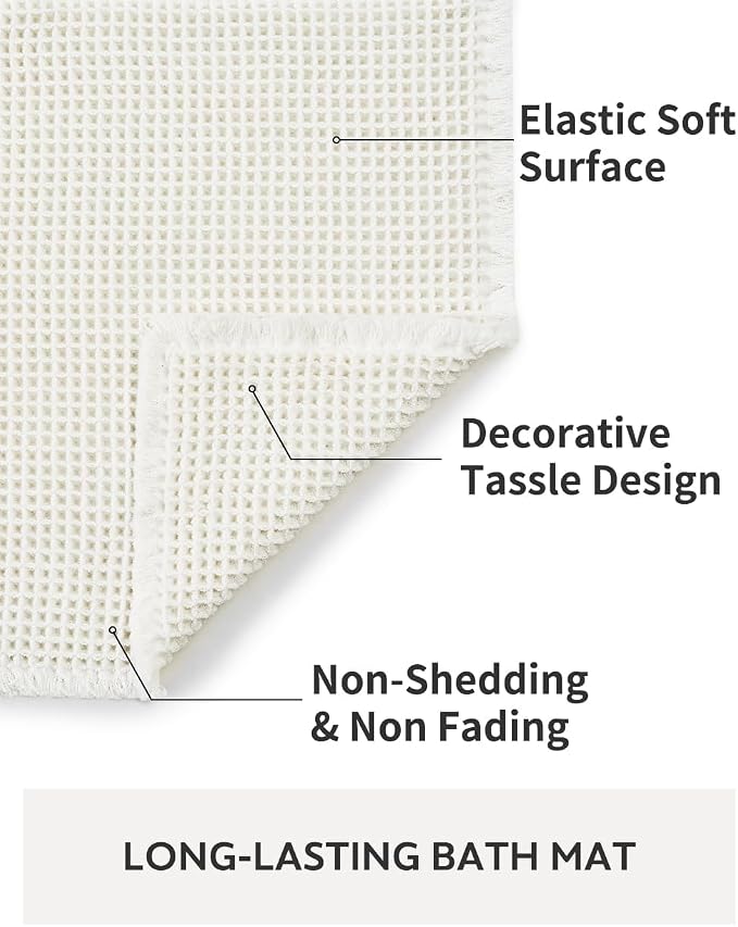 tchdio Waffle Bath Mat-Runner Rug, Super Absorbent Non Slip Bath Mats for Bathroom Machine Washable Long Rugs with Tassels, Bath Rugs for Bathroom Floor Beside Tub, 2' x 5'(24" x 60"), White