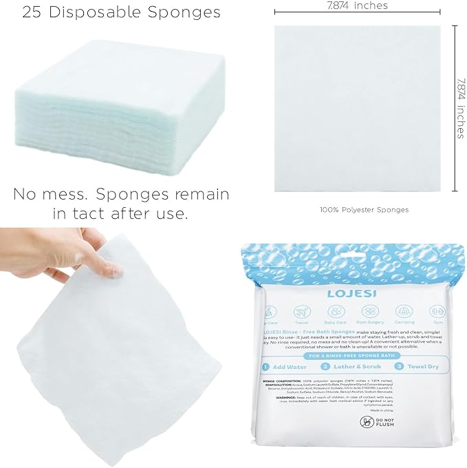 LOJESI Rinse-Free Bath Sponges, Soap & Shampoo Infused, Hypoallergenic, pH Balanced, 7.874x7.874 Inches, 25 Count