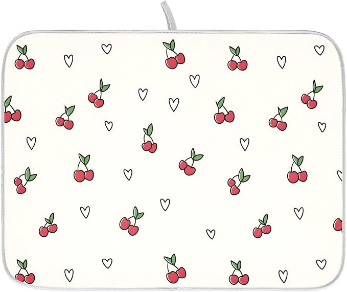 Cute Cherry Heart Pattern Dish Drying Mat, Absorbent Drainer Mats for Kitchen Counter Coffee Maker 24"x18"
