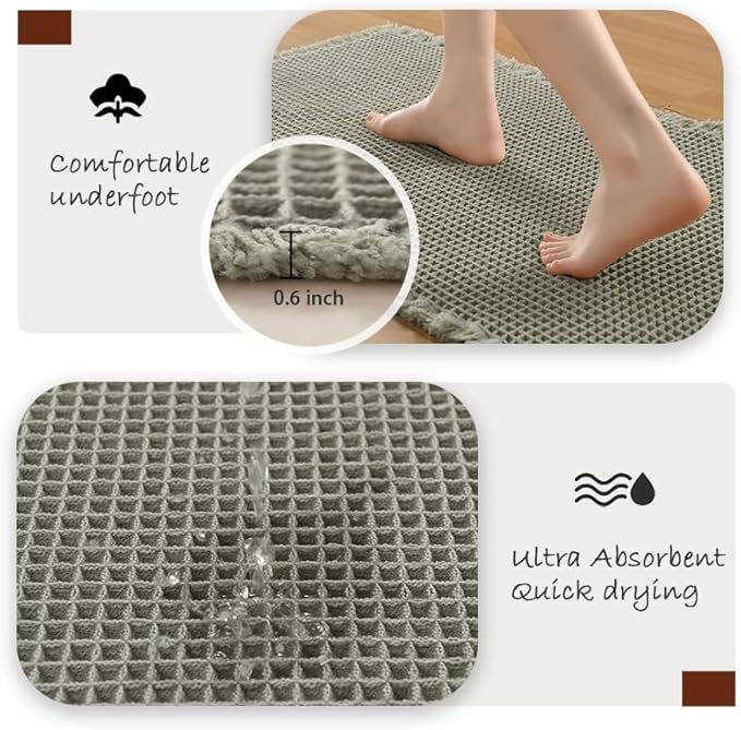 DWCN Waffle Bathroom Mats Set, Non Slip Bath Rug Set for Bathroom Floor, Super Absorbent Shower Mats for Tub, Washable Kitchen Rugs for Farmhouse Boho Style, 16" x 24" Plus 24" x 48", Olive Green