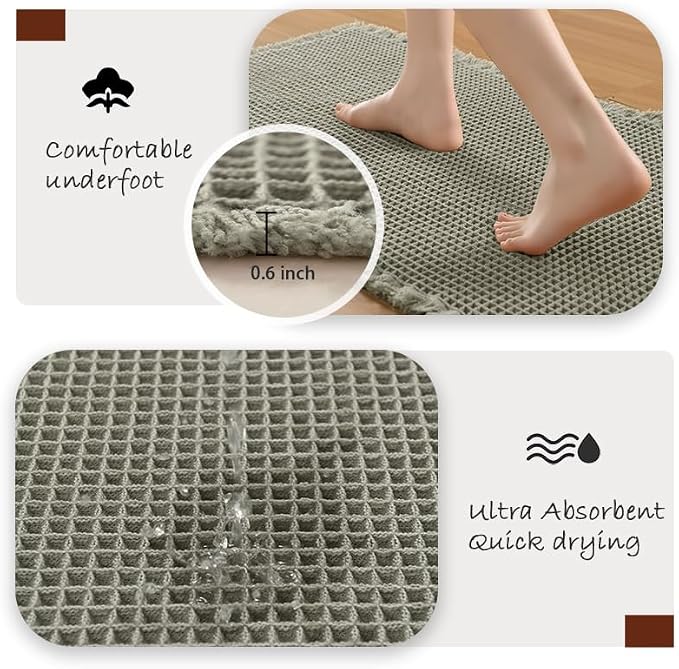 DWCN Waffle Bathroom Rug, Ultra Soft Farmhouse Rubber Backed Shower Mats, Boho Super Absorbent Non Slip Bath Mat for Bathroom Floor for Tub and Shower, 24 x 60 Inch, Olive Green