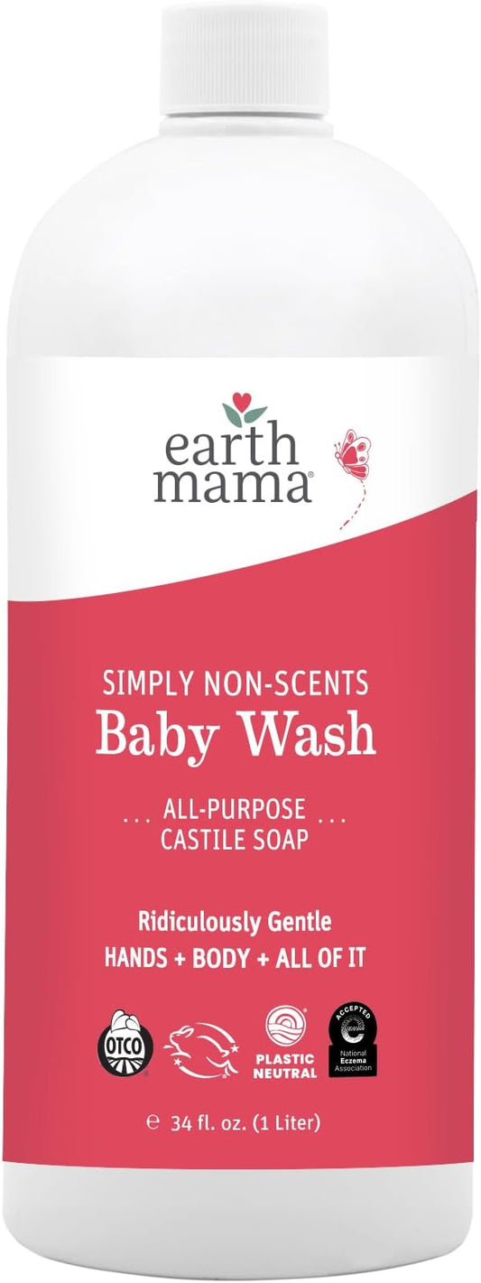 Earth Mama Simply Non-Scents Baby Wash - Foaming Hand Soap & Body Wash for Sensitive Skin - 34 fl oz - Infant Essentials - Fragrance-Free