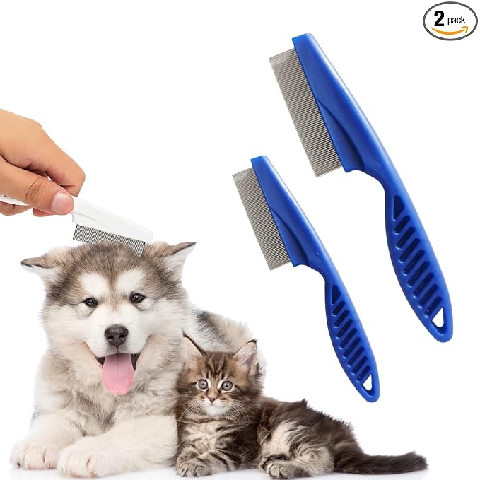 Dog Comb 2 Pack, 2026 New Professional Pet Eye Comb and Grooming Comb Set, Stainless Steel Fine Tooth Tear Stain Remover for Cats and Dogs, Pet Comb for Tangles Knots Loose Fur (Blue)