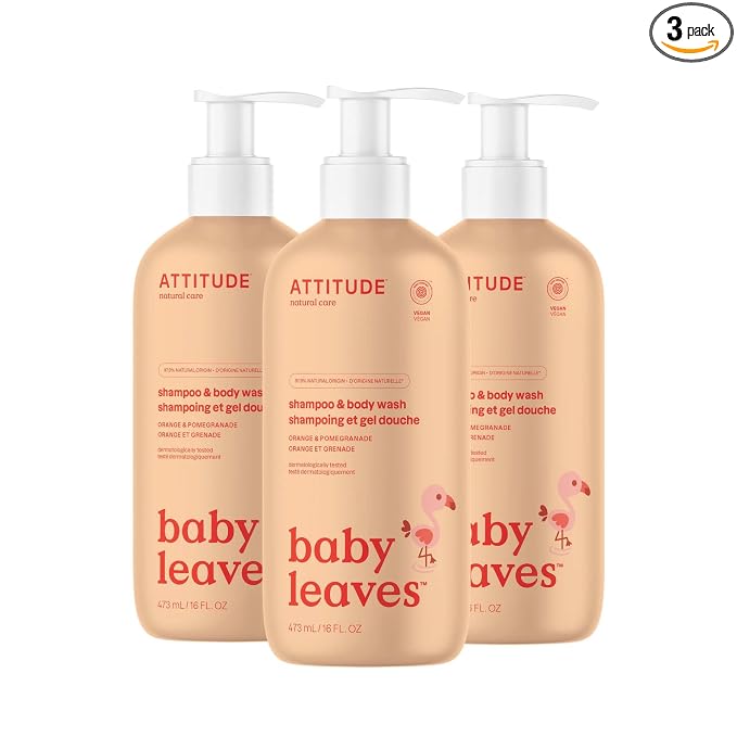 ATTITUDE Baby 2-in-1 Shampoo and Body Wash, EWG Verified, Dermatologically Tested, Vegan, Orange and Pomegranate, 16 Fl Oz (Pack of 3)