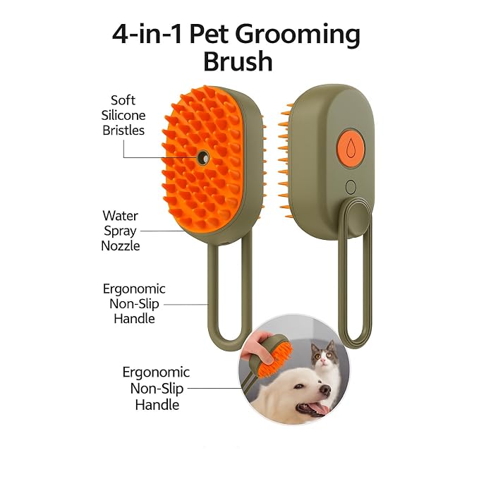 4-in-1 Pet Grooming Brush with Water Spray for Dogs & Cats, Silicone