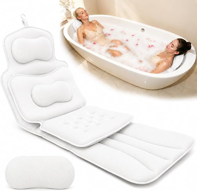 58" Full Body Bath Pillow for Two, Bath Tub Pillows for Head and Neck, Waist, Back Support, 6D Air Mesh Luxury Bathtub Cushion for Soaking Tub, Bathtub Accessories for Relaxing Spa