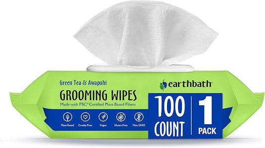 earthbath, Green Tea & Awapuhi Grooming Wipes - Dog Wipes for Paws and Butt, Best Pet Wipes for Dogs & Cats, Made in USA, Cruelty-Free Dog Cleaning Wipes, Removes Dirt & Dander - 100 Count (1 Pack)