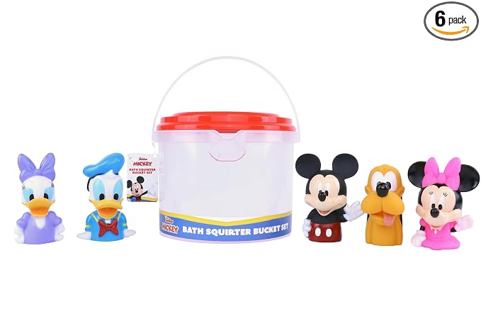 Mickey & Friends 6 Piece Bath Squirter Bucket Set. Bath Toys for Baby and Toddlers, Includes Organizer Bucket with Drainage to Store Your Bath time Water Toys.