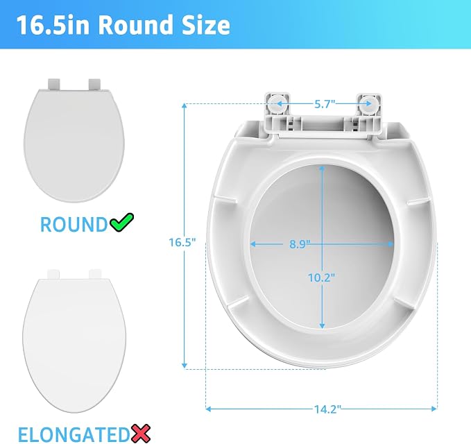 Huttdmel Round Toilet Seat 16.5", Soft Close Quiet Lid, Top & Bottom Mount, Never Loosen Hinges, Easy Install, Heavy Duty PP No Yellowing, Fits Standard Round Toilets, White