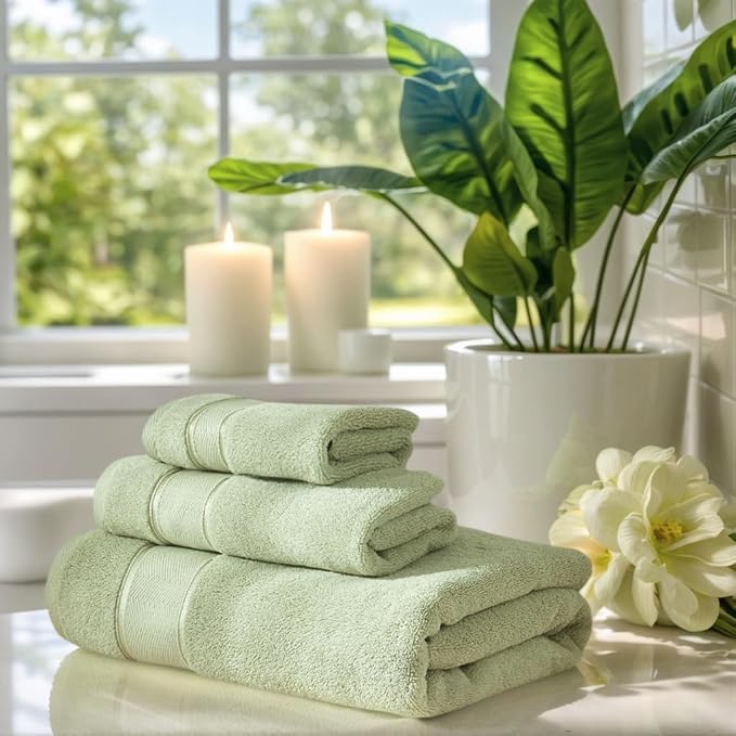 Marvione Bath Towels Set 6 Piece, 100% Turkish Cotton Highly Absorbent and Soft Towels for Bathroom 2 Bath Towels 2 Hand Towels 2 Washcloths, Sage Green