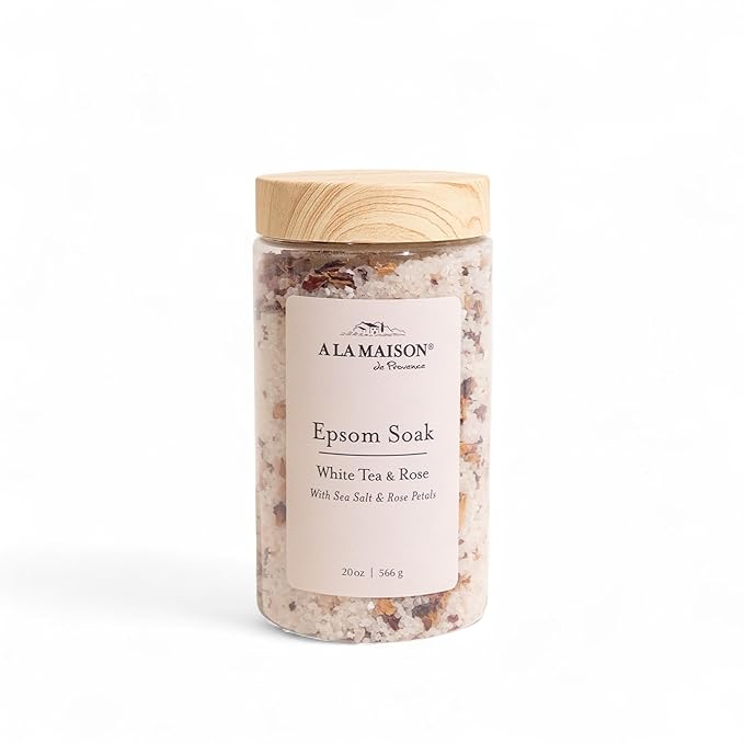A LA MAISON Epsom Salt Bath Soak – White Tea & Rose – Muscle Relief Bath Soak with Magnesium – Relaxing Bath Salt – 20 oz – Amber Collection