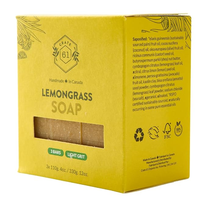 Crate 61 Organics, Handmade in Canada, Plant Based Cold Process Natural Bar Soap For Face And Body, With Premium Essential Oils, For Men And Women 3 Pack (Lemongrass)