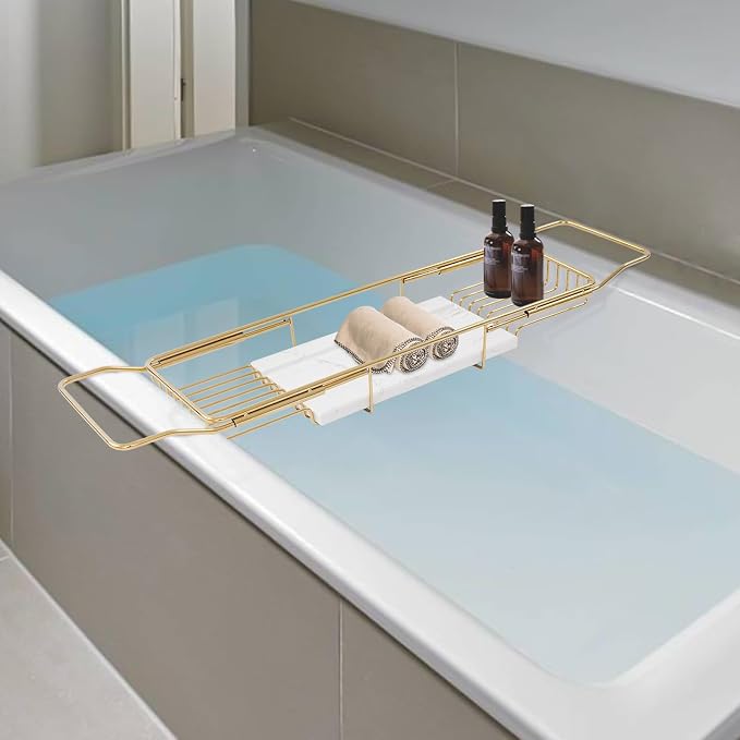 Bathtub Tray for Tub, Metal Expandable Extra Wide Bath Caddy Tray for Bathtub with Natural Marble Groove for Bath Spa (Gold Frame White Marble Base)