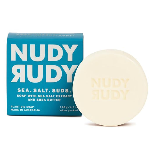 Nudy Rudy Sea Salt Suds Soap Bar Puck, Made with Organic Shea Butter and Sea Salt, Triple Milled Bar, No Harsh Ingredients, All Skin Types, 4.2 oz, Made in Australia