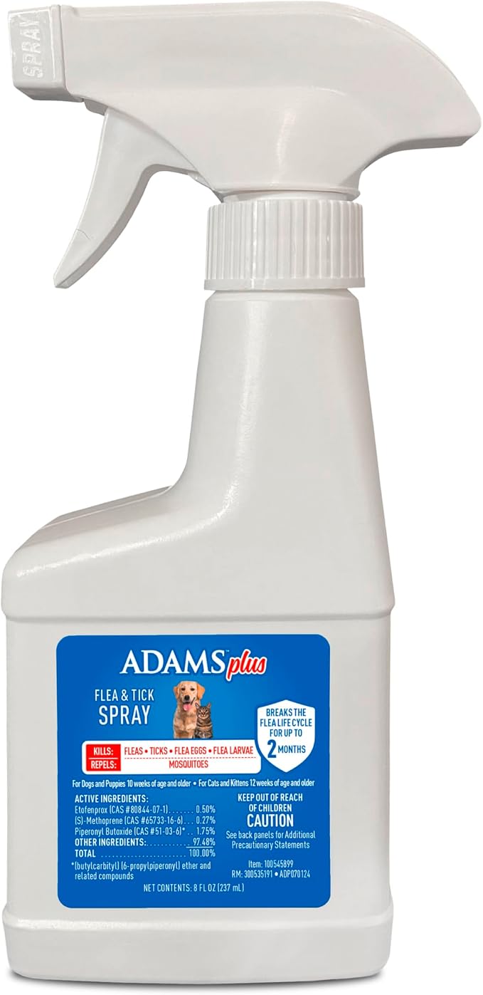 ADAMS Plus Flea and Tick Spray for Dogs & Cats, Kills Fleas and Ticks, Repels Mosquitoes, Prevents Infestations up to 2 Months, Treatment for Dogs, Cats, Puppies & Kittens, 8 Fl Oz