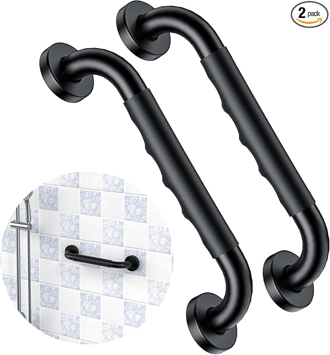 2 Pack 12 Inch Black Shower Grab Bar w/Anti Slip Rubber Grip,ZUEXT Stainless Steel Bath Grab Bar,Bathroom Balance Bar,Wall Mount Safety Handrail Support,Handicap Injury Elderly Senior Assist Handle
