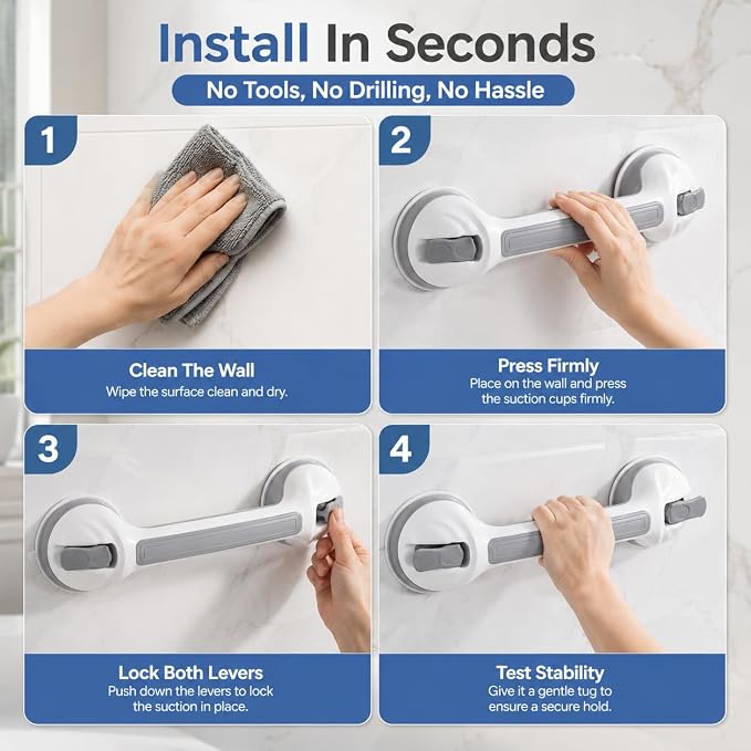Grab Bars for Shower, 16.7 Inch Heavy Duty Suction Cup Handle, Dual Locking, No Drill Anti-Slip Support for Bathtub & Shower, Removable, 2 Pack