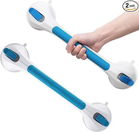 LEVERLOC Grab Bars for Bathtubs and Showers 2 Pack Suction Grab Bar, Heavy Duty 17 Inch Shower Handle Removable Bath Handrails for Seniors and Elderly, Bathroom Safety Grip No Drilling Waterproof Blue